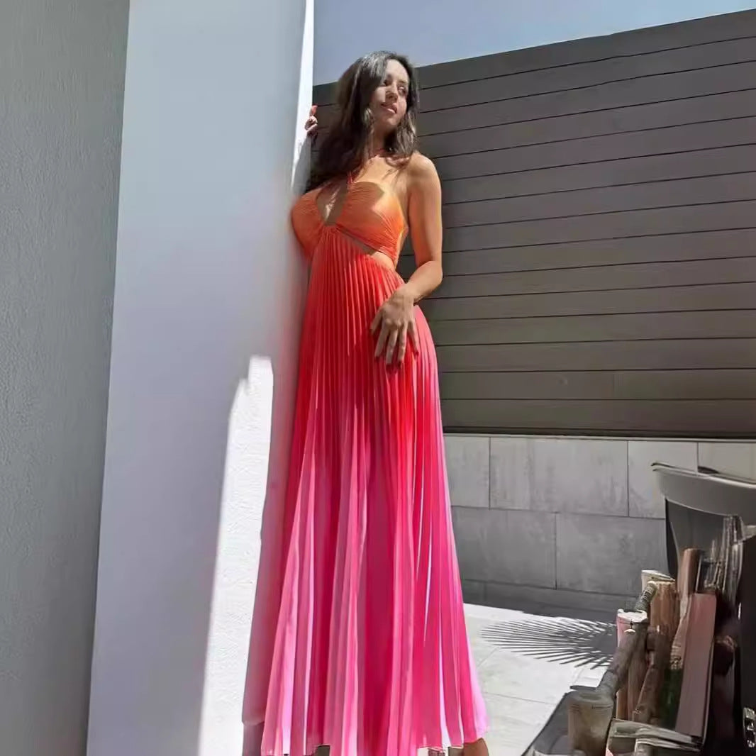 Gradient Color Halter Pleated Long Dress