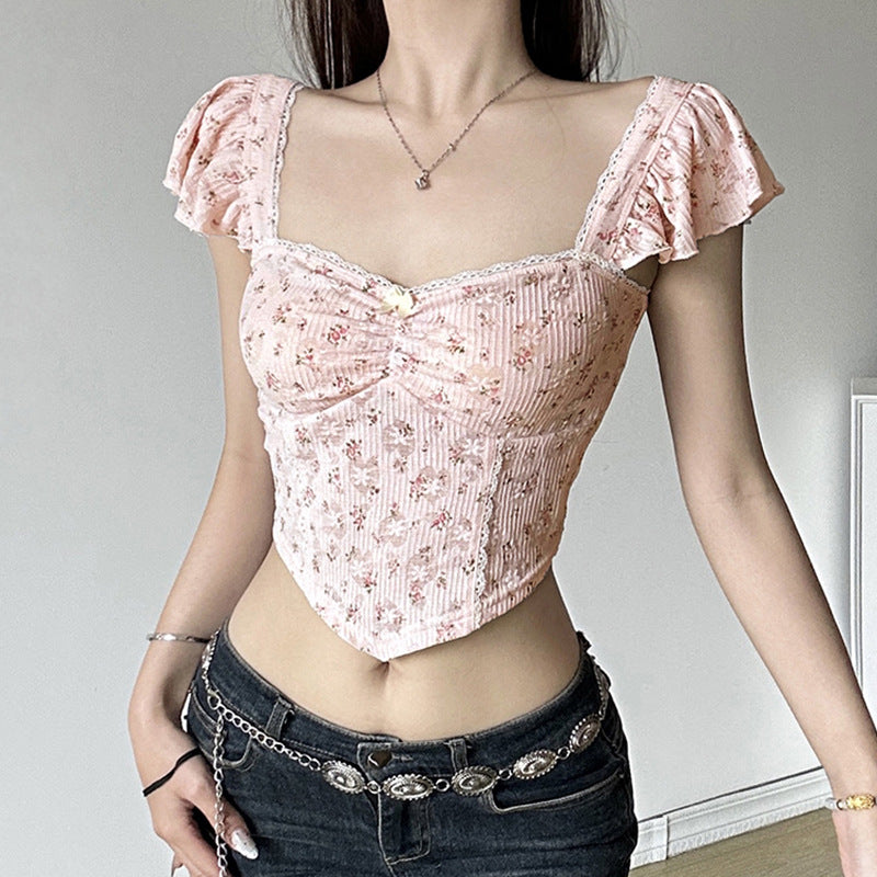 Floral Lace Flying Sleeve Chest Flattering Pleated Irregular Asymmetric Cinched Slim Backless Top