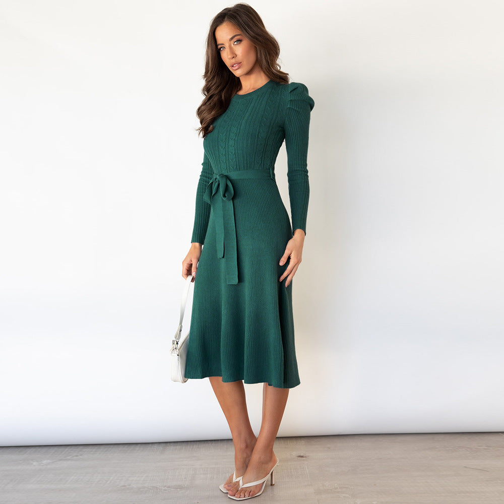 Long Sleeve Knitted Mid-Length Elegant Sweater Dress