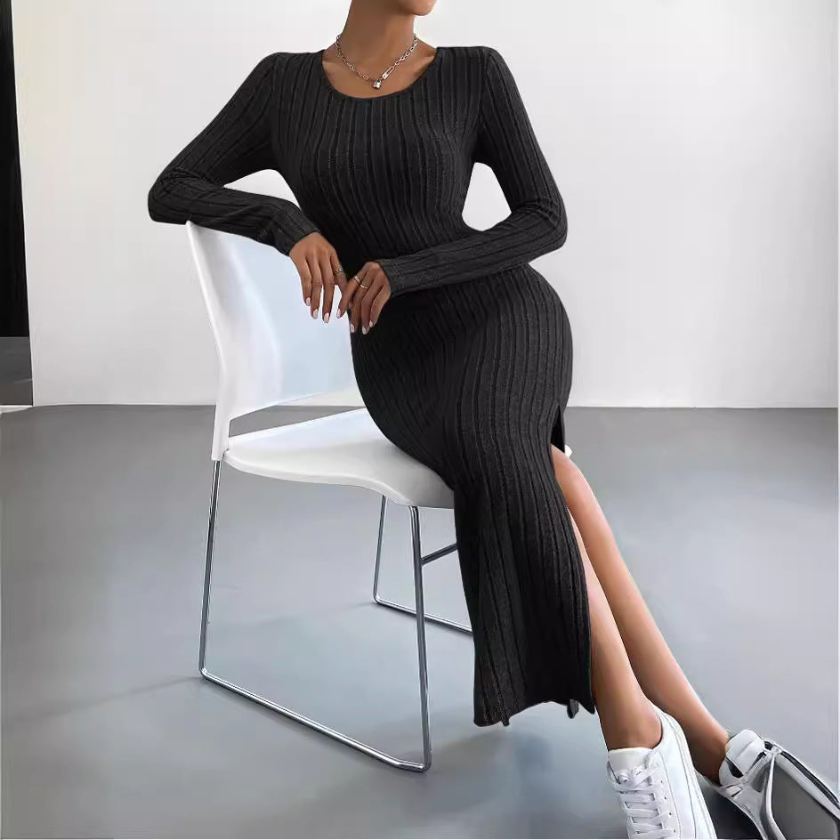 Long Sleeve Crew Neck Split Knitted Maxi Dress