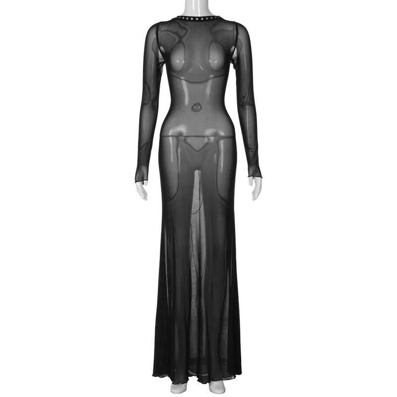 Sexy Mesh Backless Lace up Long Sleeve Super Maxi Dress