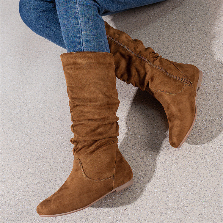 Pleated Zipper Flat Ankle Boots