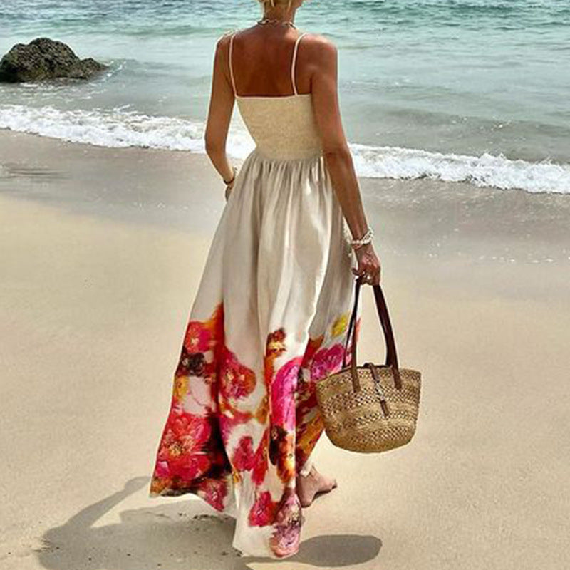 Vestido largo medio de playa con tirantes para vacaciones y estampado de verano