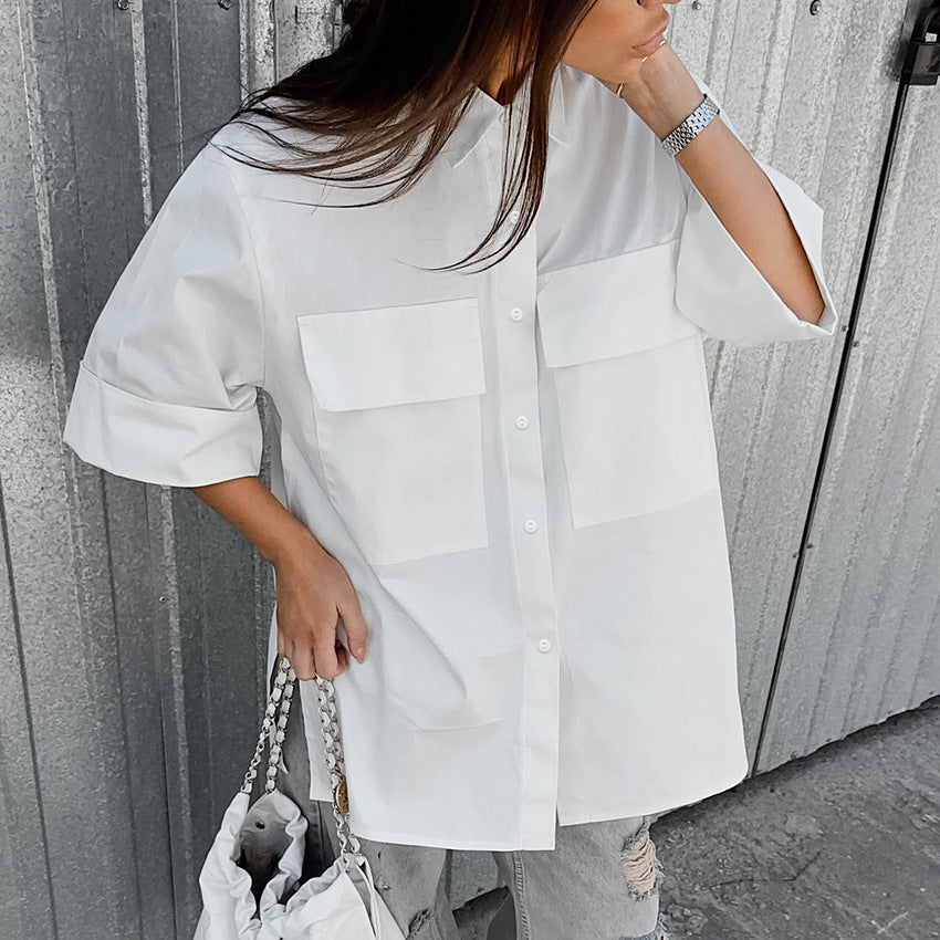 White Minimalist Pocket Lapels Short Sleeve Loose Casual Slit Shirt