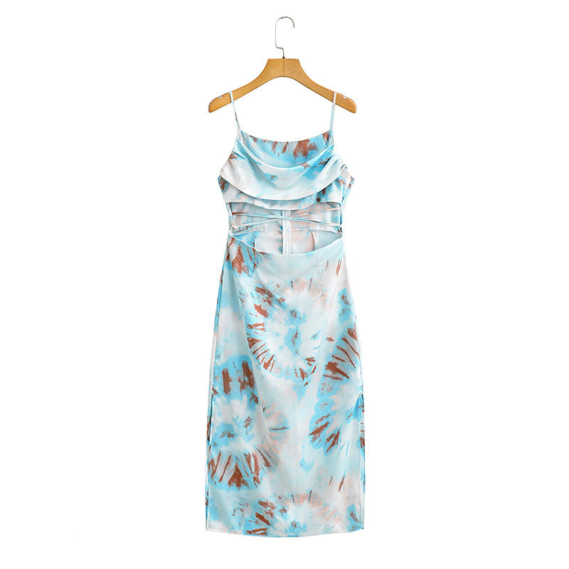 Sexy Satin Printed Hollow Out Strap Cami Dress