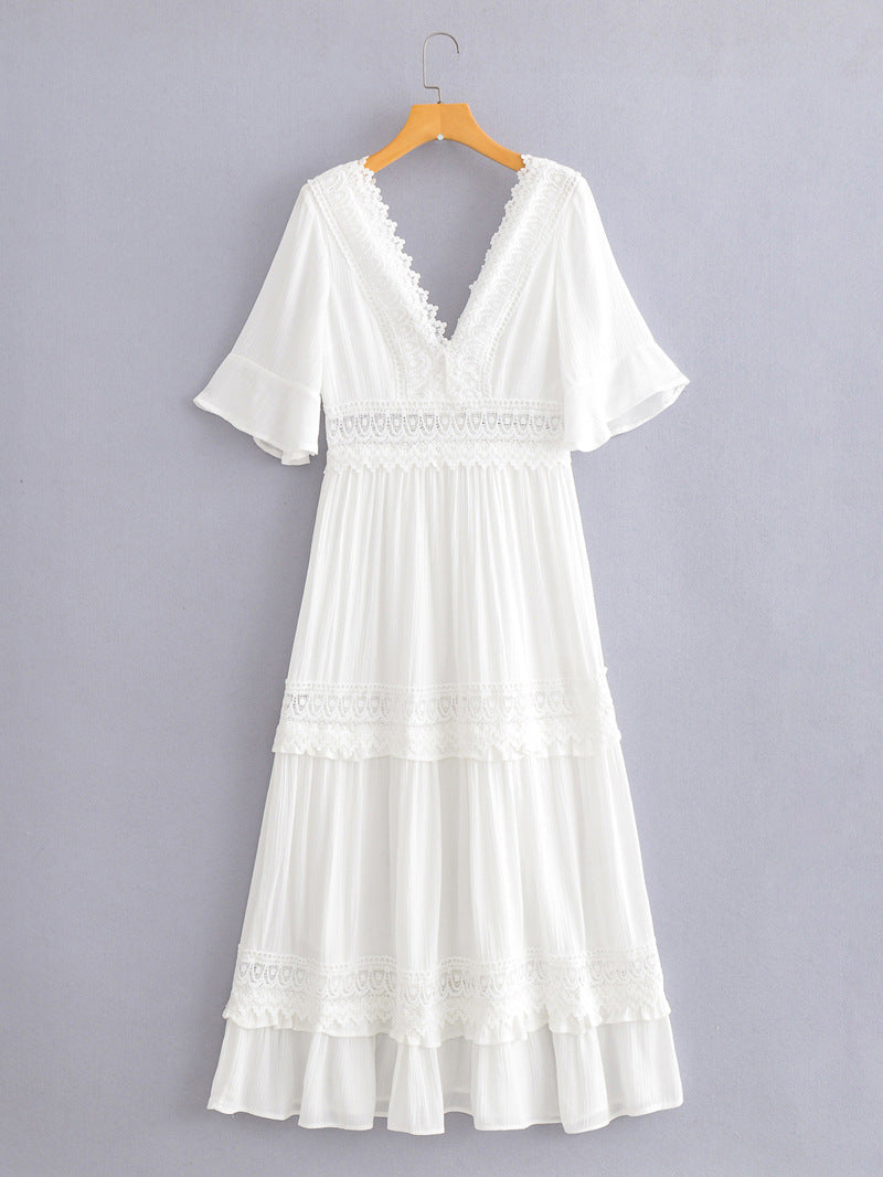 Short Sleeve V Neck Lace Maxi Dress