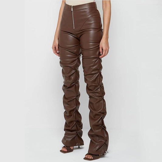 Tight Faux Leather Personalized Shrinkage Bootcut Trousers