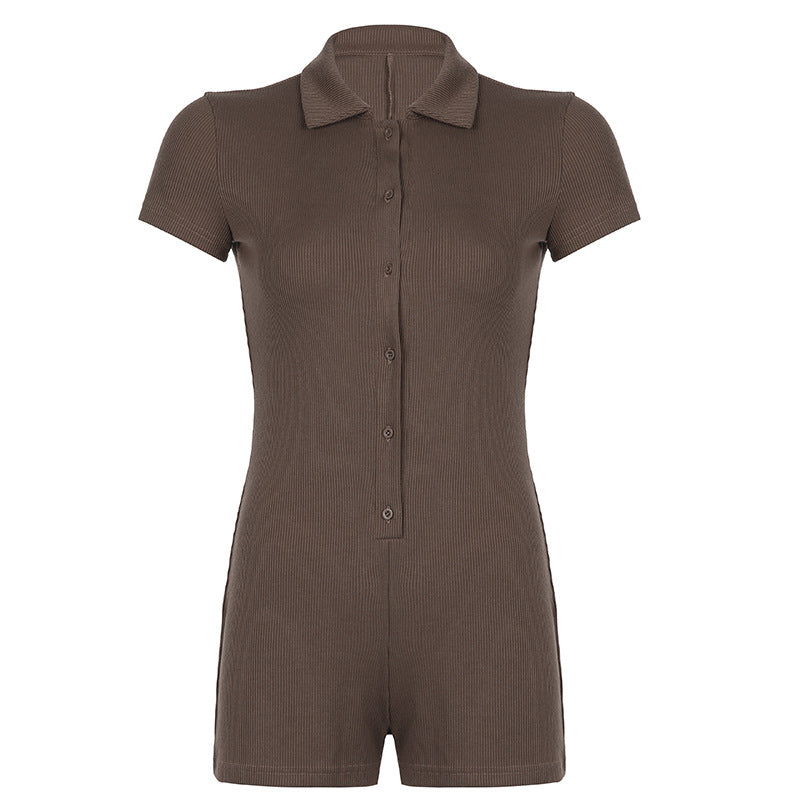 Solid Color Polo Collar Breasted Rib Tight Casual  Basic Romper