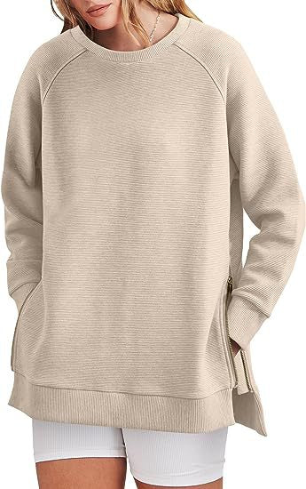 Outer Code Round Neck Side Zipper Casual Loose Long Sleeve Sweatershirt