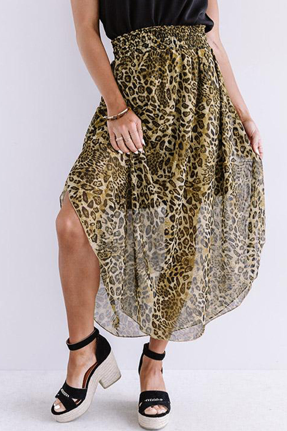 Falda asimétrica de gasa adelgazante de cintura alta con estampado de leopardo plisado