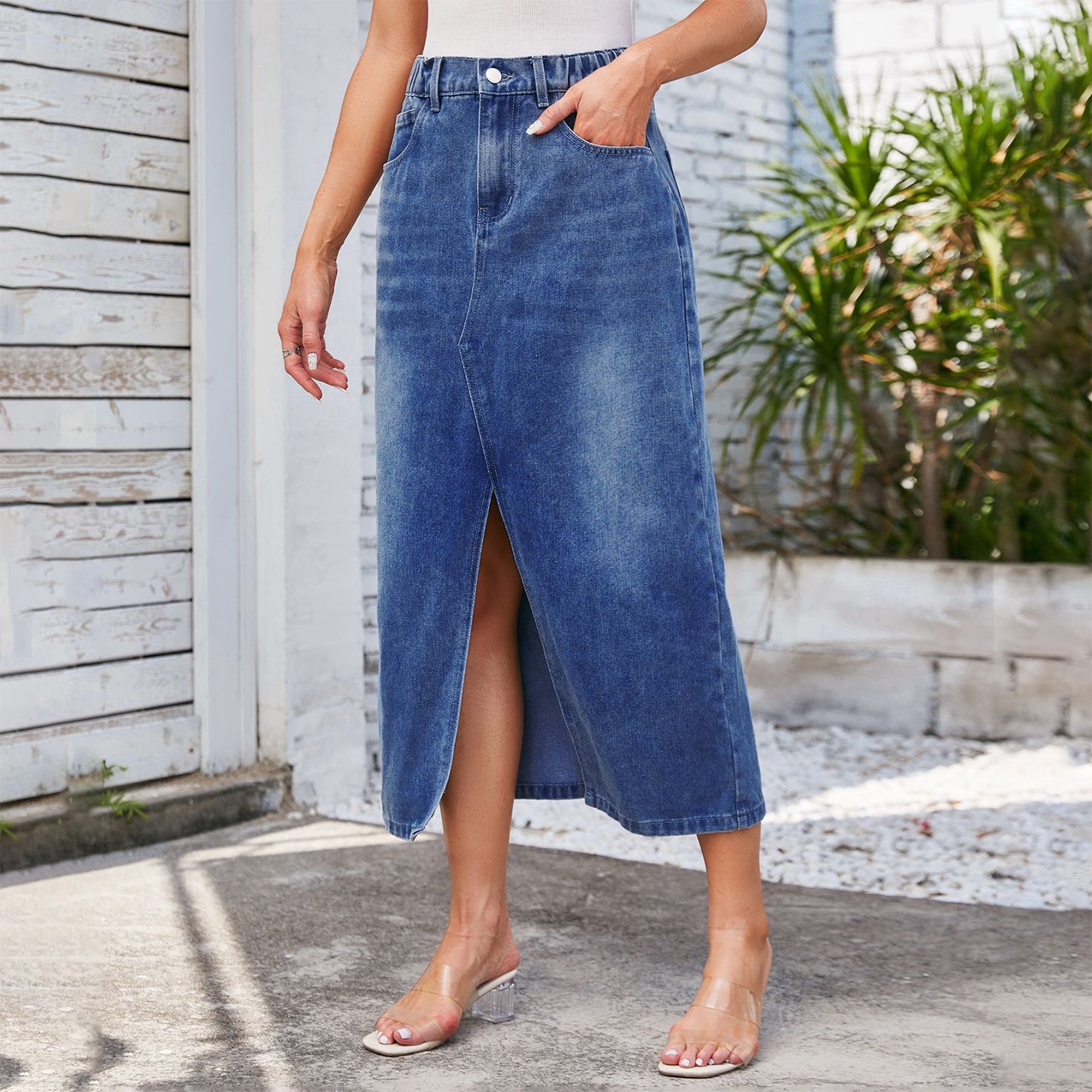 Washed Elastic Waist Split Denim Skirt