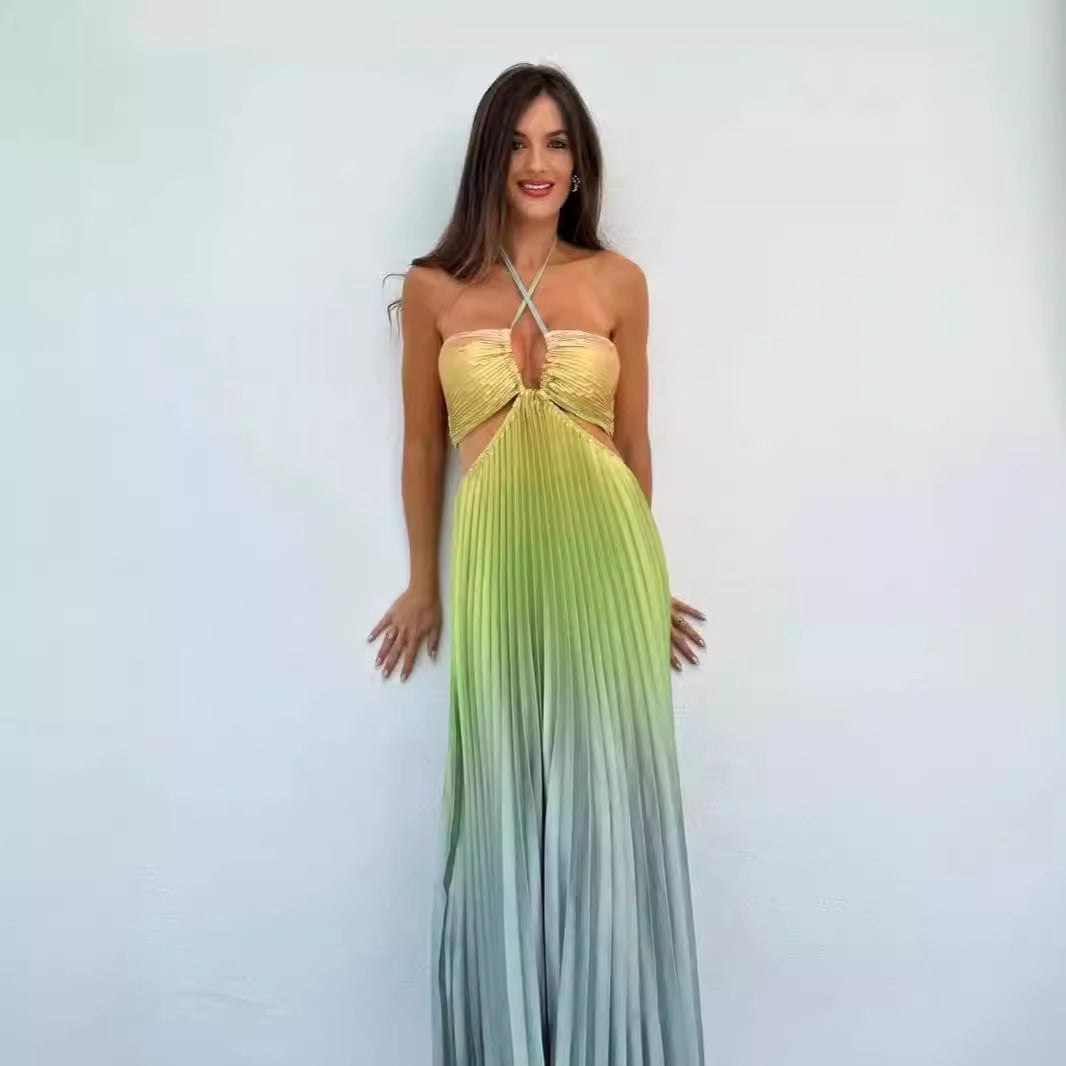 Gradient Color Halter Pleated Long Dress