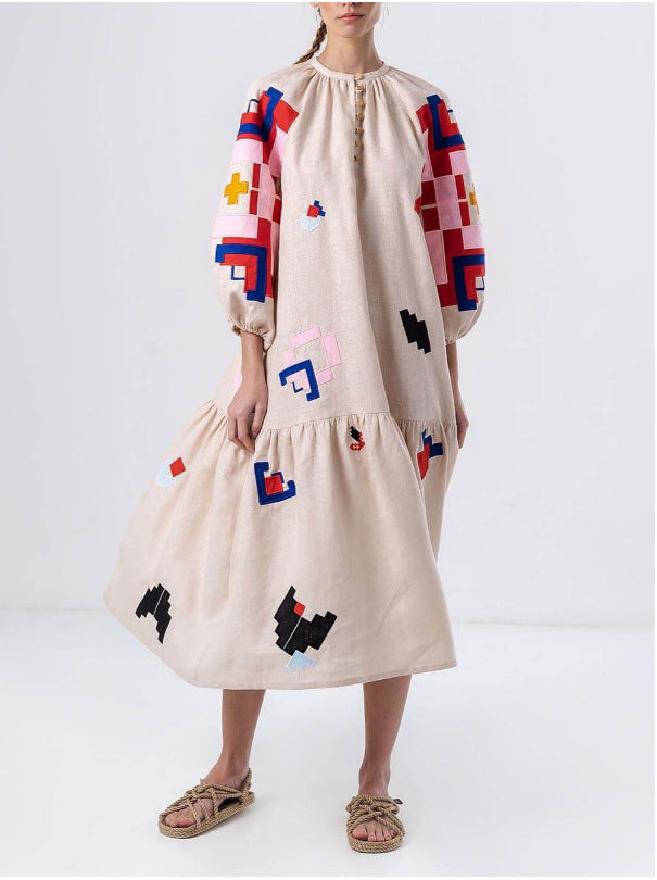 Loose Printed Casual Lantern Sleeve Dress