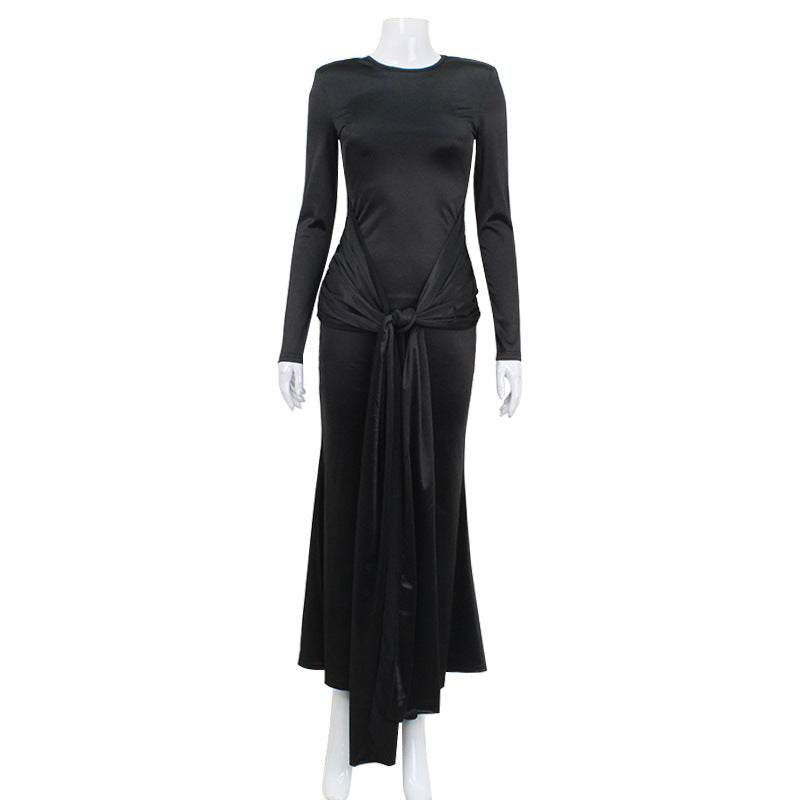 Elegant Long Sleeve Tied Waist Slimming Satin Maxi Dress