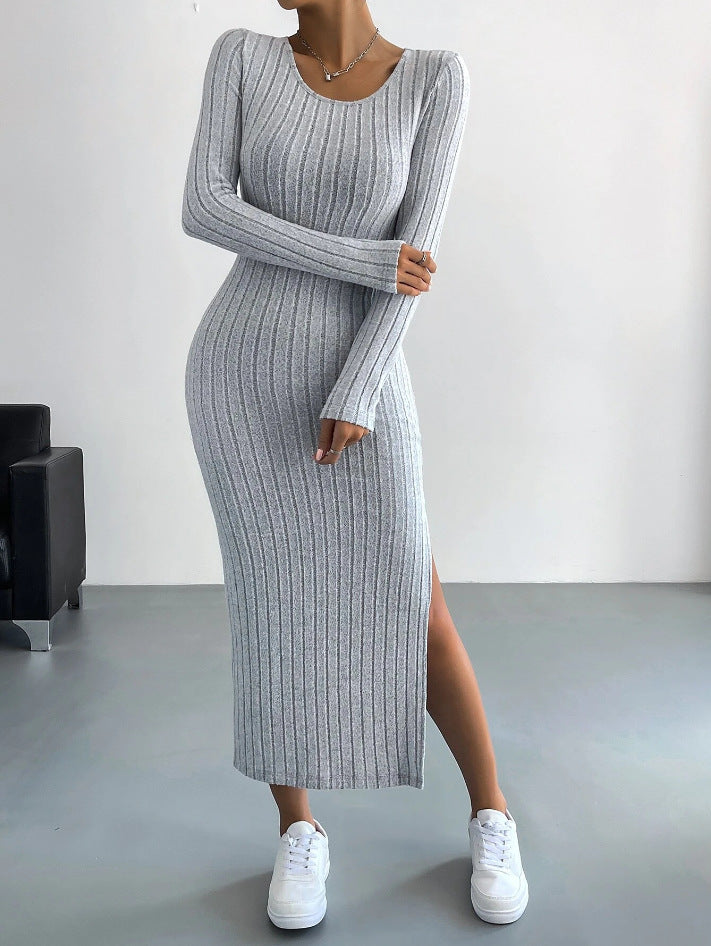 Long Sleeve Crew Neck Split Knitted Maxi Dress