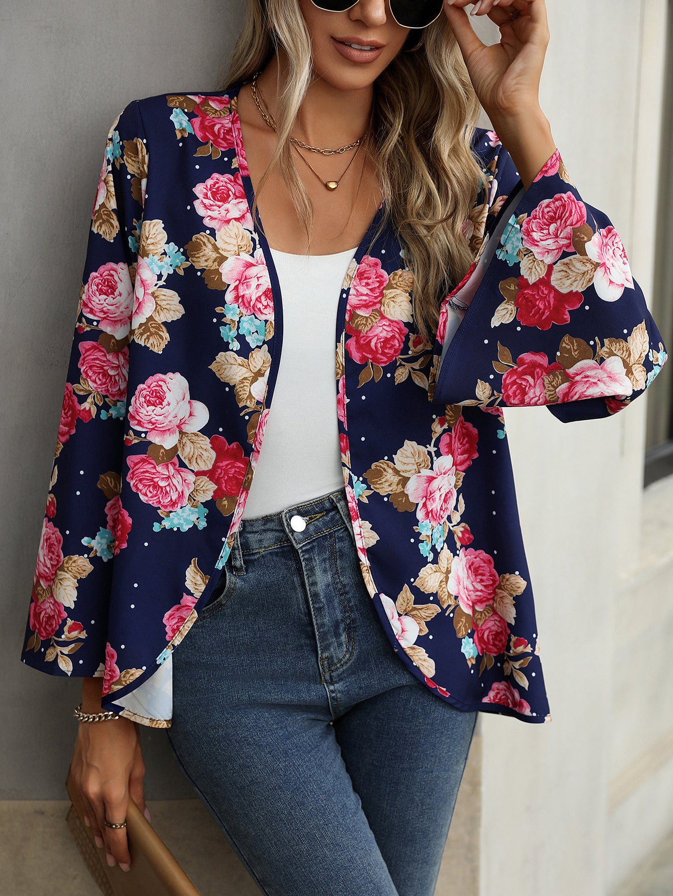 V Neck Floral Print Bell Sleeve Shirt