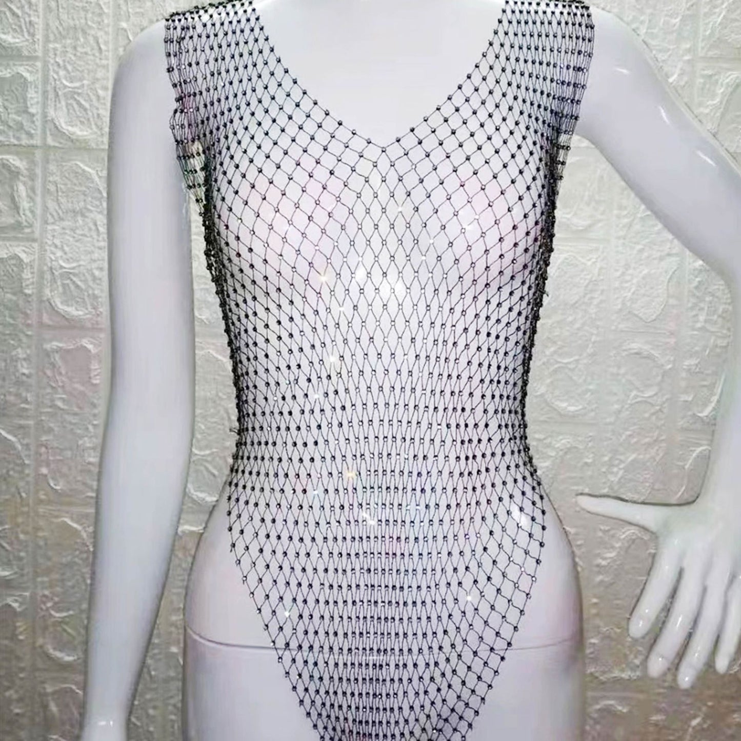 Sexy Fishnet Mesh Hollow Out Cutout Out See Through Rhinestone V Neck Bodysuit