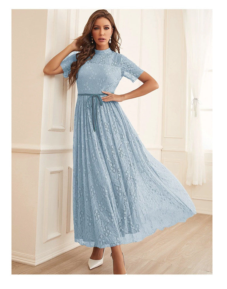 Round Neck Short Sleeve Mesh High Waist Elegant Graceful Dress