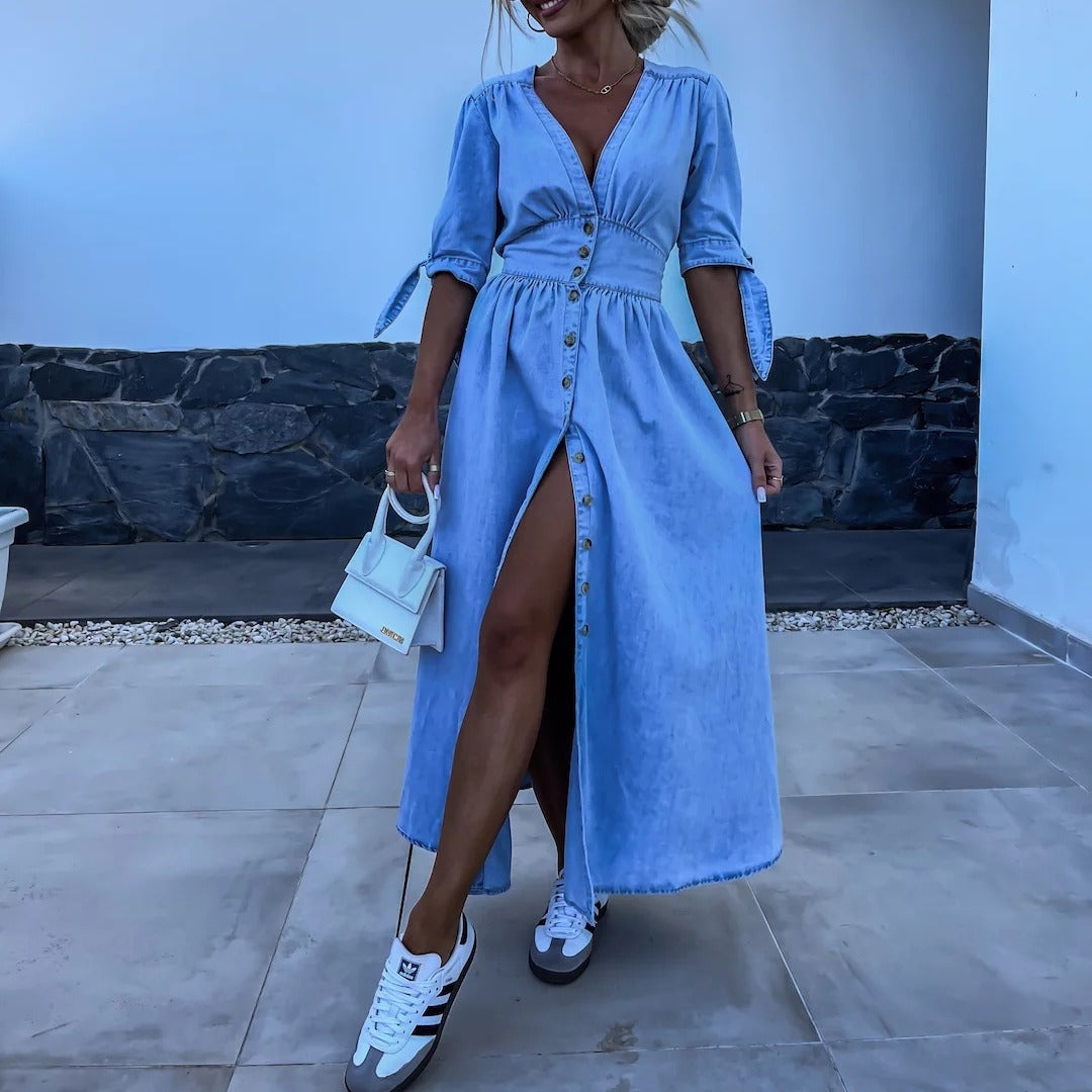 Robe longue en jean sexy à col en V et boutons