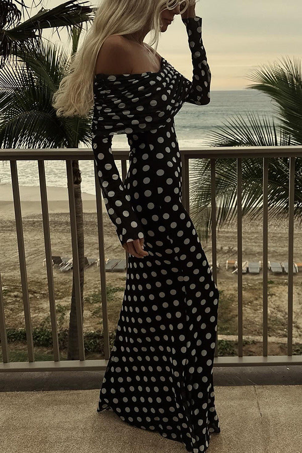 Gauze Polka Dot Stitching Off Shoulder Sexy Slim Dress
