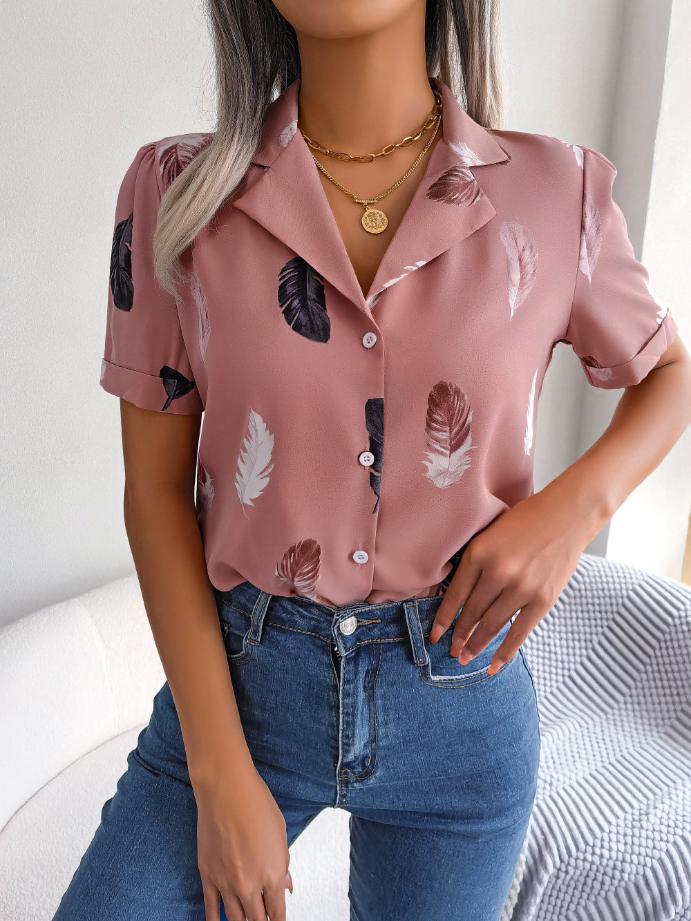 Elegant Collar Feather Loose Short Sleeve Shirt