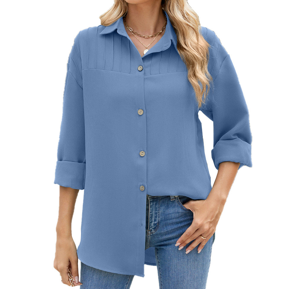 Collared Button Long Sleeve Loose Fitting Shirt