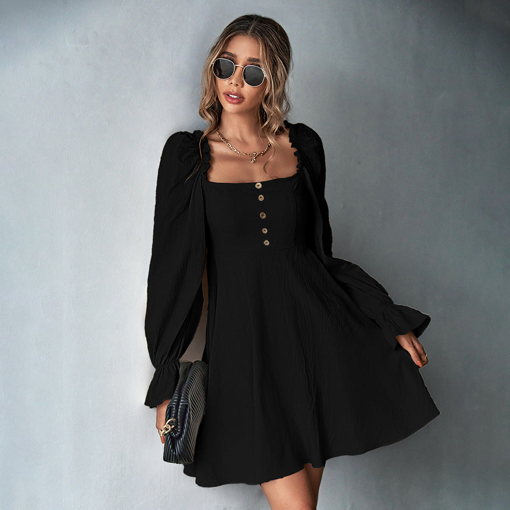 Puff Sleeve Square Neck Cinched Long Sleeve French A Line Dress