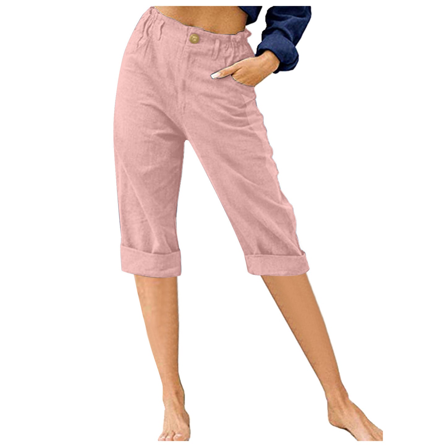 Cropped Solid Color Cotton Linen Loose High Waist Casual Pants