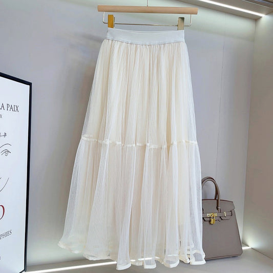 Gauze Pleated A Line High Waist Mid Length Skirt