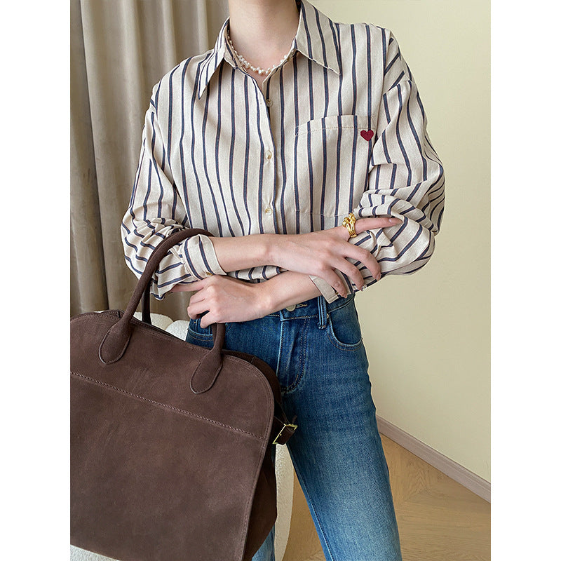 Love Small Embroidery French Brushed Vertical Stripes Loose Slimming Shirt