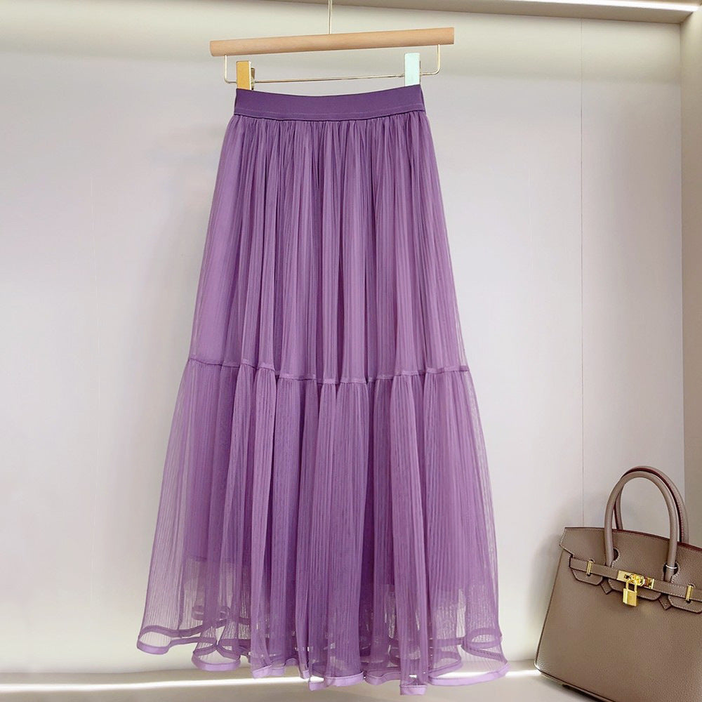 Gauze Pleated A Line High Waist Mid Length Skirt