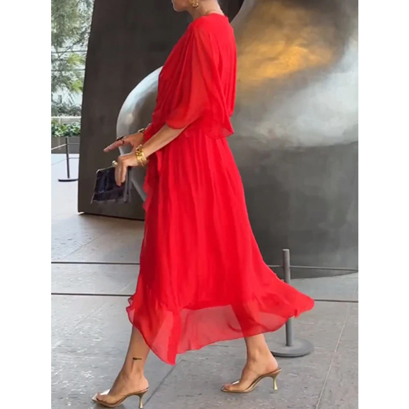 Solid Color Tied Maxi Dress Batwing Sleeve Irregular Asymmetric Dress