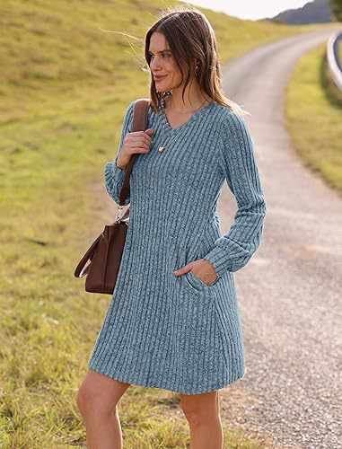 V Neck Pocket Sunken Stripe Brushed Long Sleeve Casual Dress