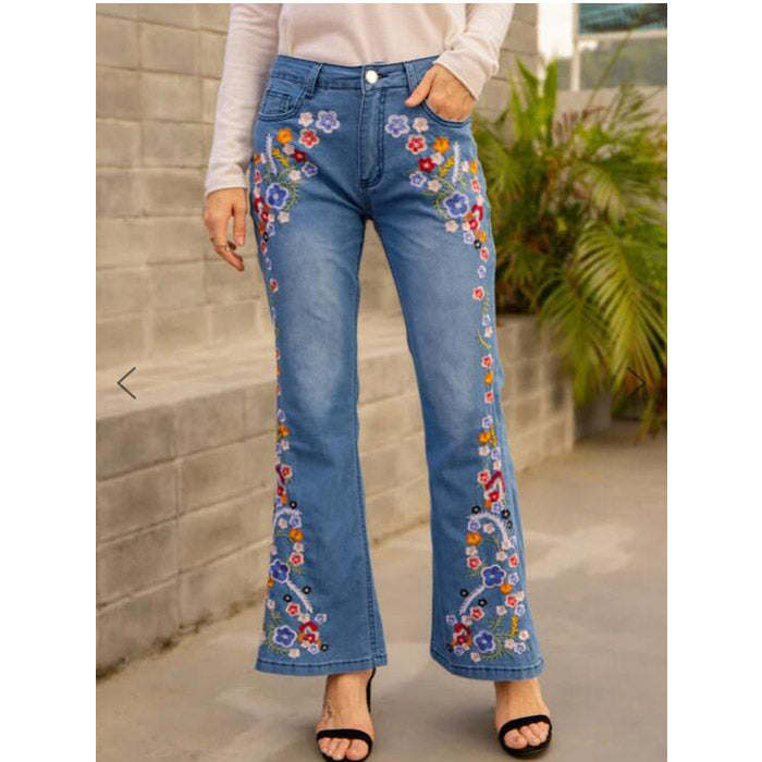 Embroidered Slim Fit Slimming Washed Bell-Bottom Jeans