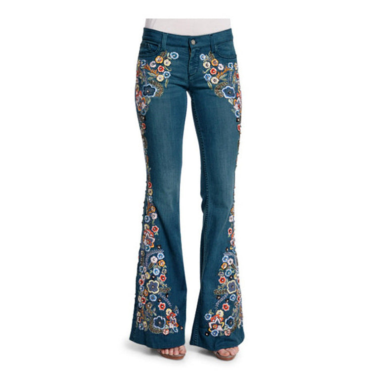 Embroidered Slim Fit Slimming Washed Bell-Bottom Jeans