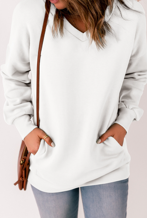 Solid Color V-neck Pocket Long Sleeve Pullover Loose Sweater