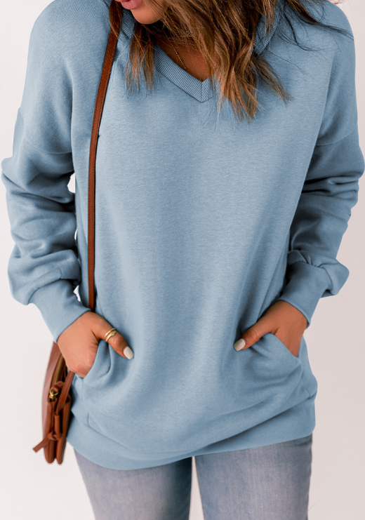 Solid Color V-neck Pocket Long Sleeve Pullover Loose Sweater