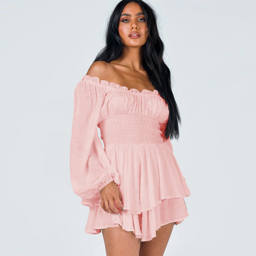Summer High Grade Women Pleated Neck Long Sleeve Casual Ruffled  French Romper