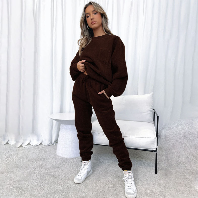Solid Color round Neck Pullover Long Sleeve Two Piece Set