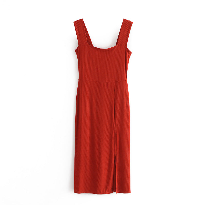 Square Cut Collar Solid Color Knitted Thread Dress