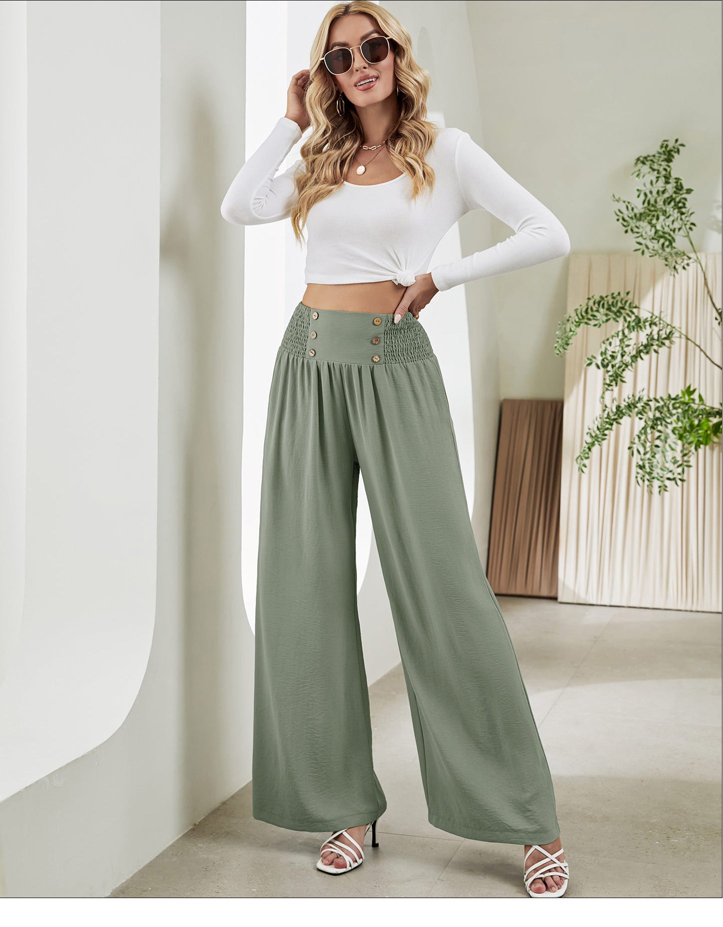 Elastic Waist High Waist Wide Leg Pants