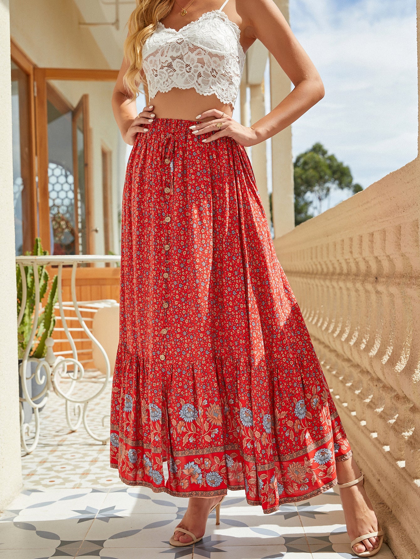 Summer Printed Tie Maxi A Line Skirt