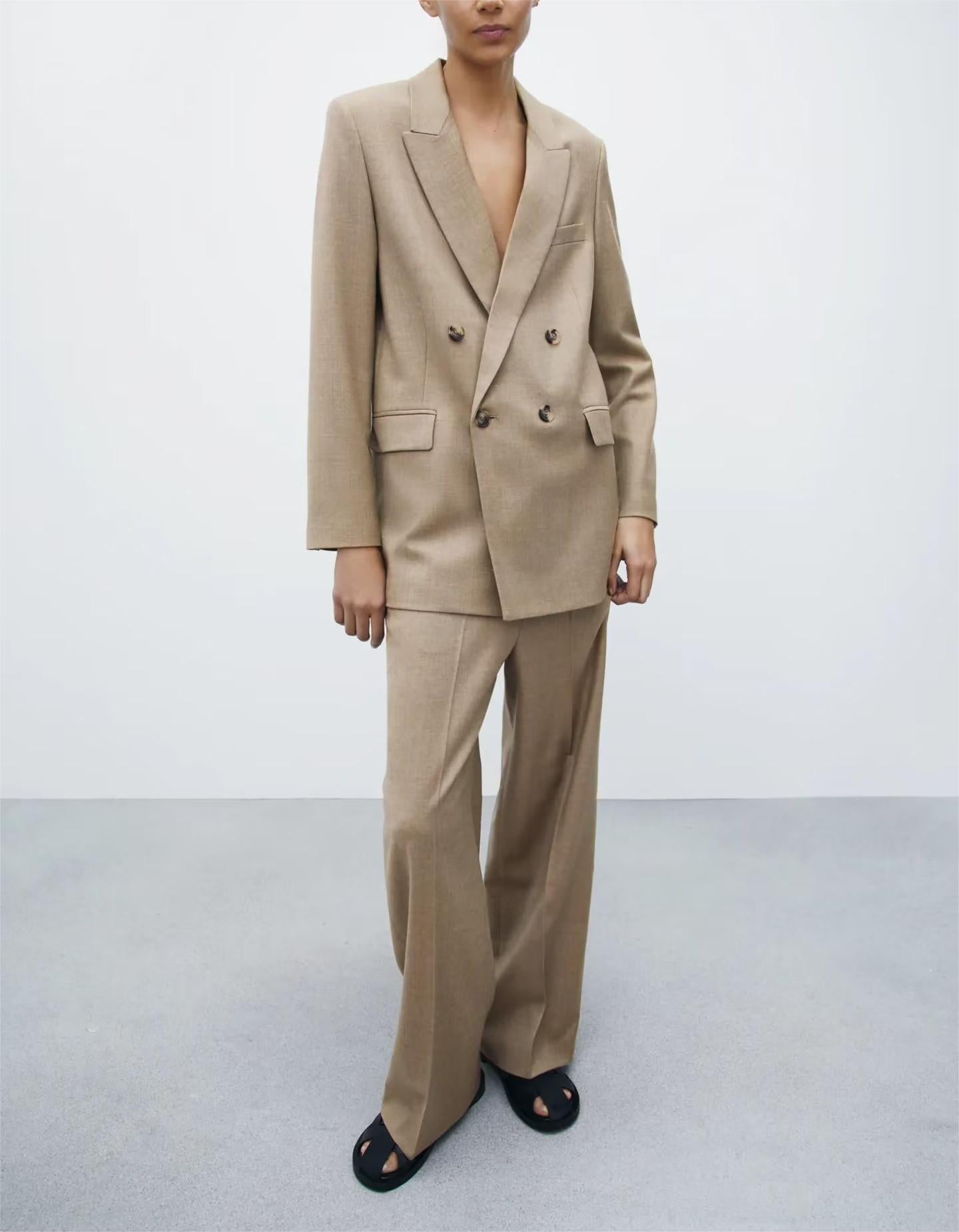 Collar Double Breasted Suit High Waist Double Pocket Straight Leg Pants Suit
