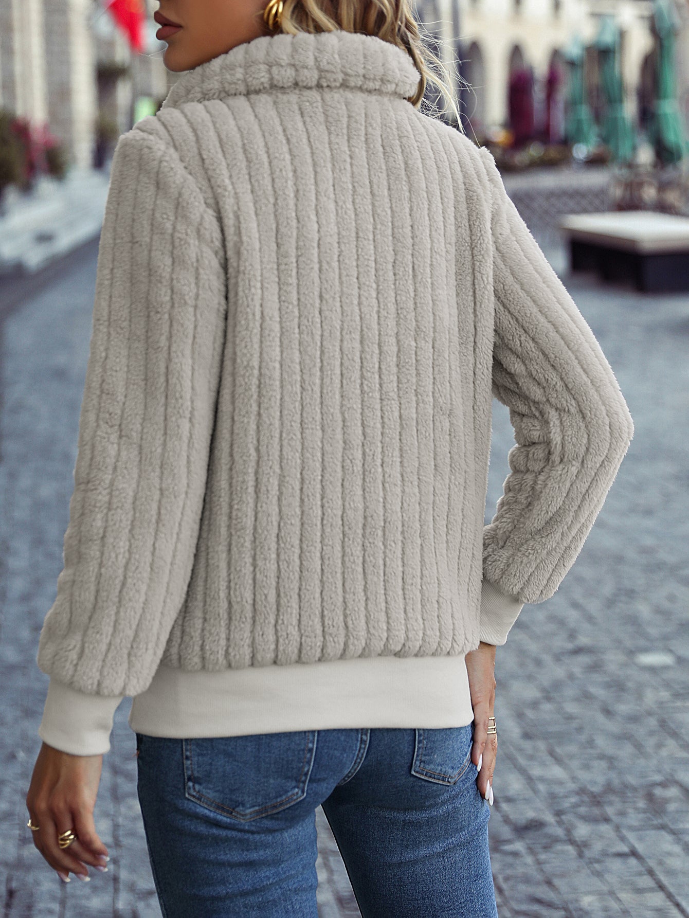 Autumn Winter Round Neck Long Sleeve Short Zipper Sunken Stripe Mid Length Casual Sweatshirt