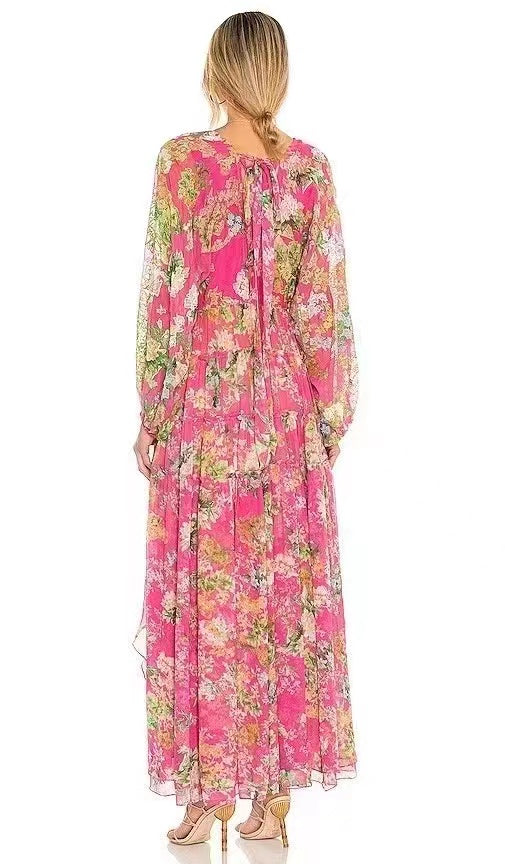 V Neck Vacation Long Sleeve Floral A Line Maxi Ruffled Tiered Dress