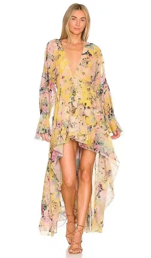 V Neck Vacation Long Sleeve Floral A Line Maxi Ruffled Tiered Dress