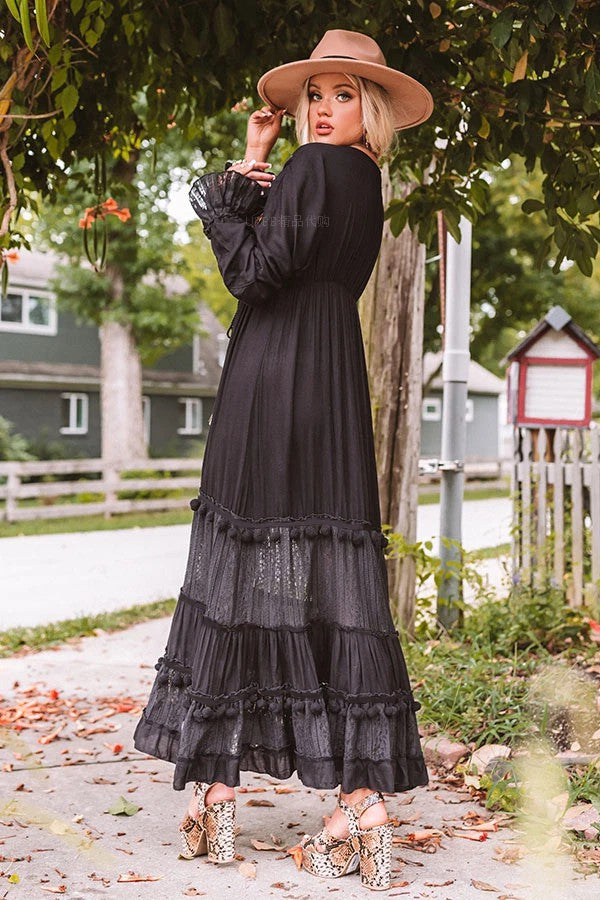 Bohemian Holiday Style Pure Black Embroidered Large Swing Mesh Dress