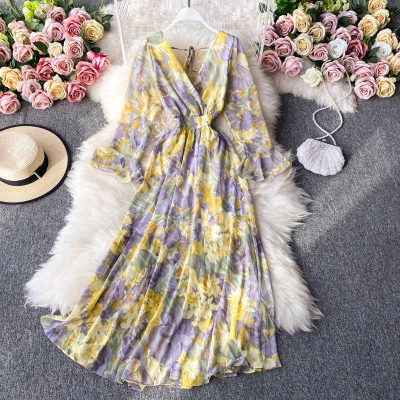 Floral Chiffon Long Sleeve A Line Medium Long V Neck Backless High Waist Dress