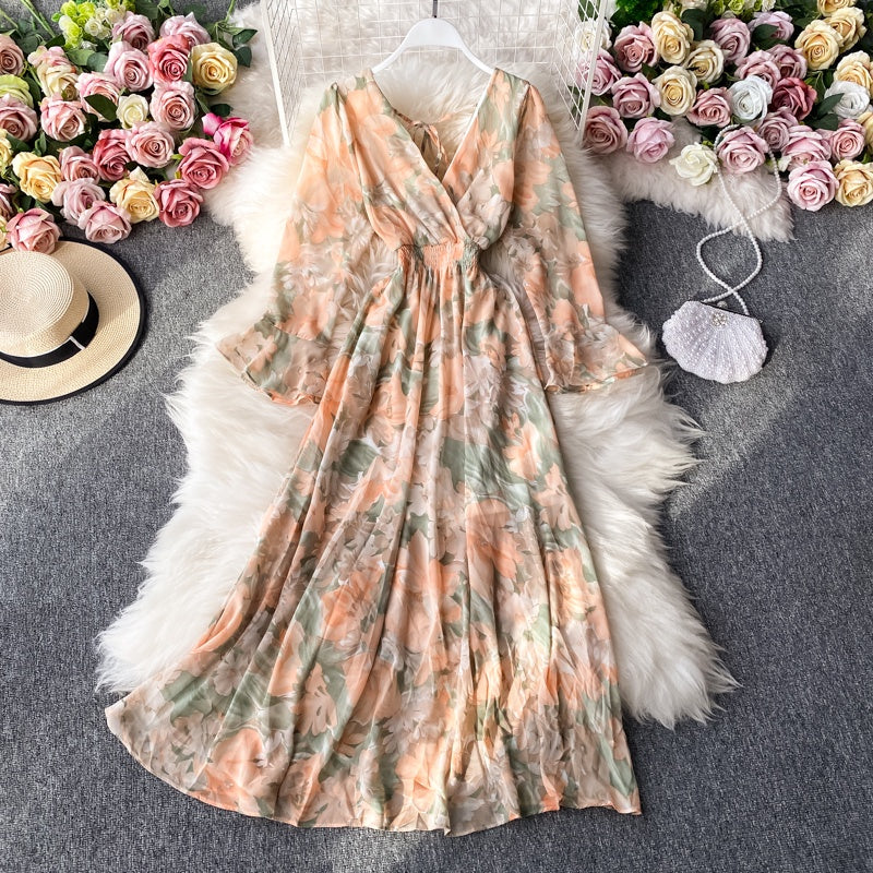 Floral Chiffon Long Sleeve A Line Medium Long V Neck Backless High Waist Dress