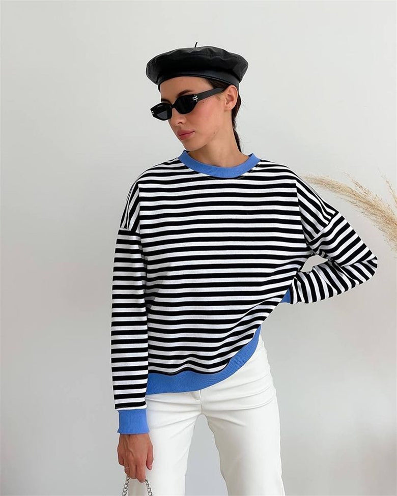 Simple Striped Color Contrast Long Sleeve Thin Sweater